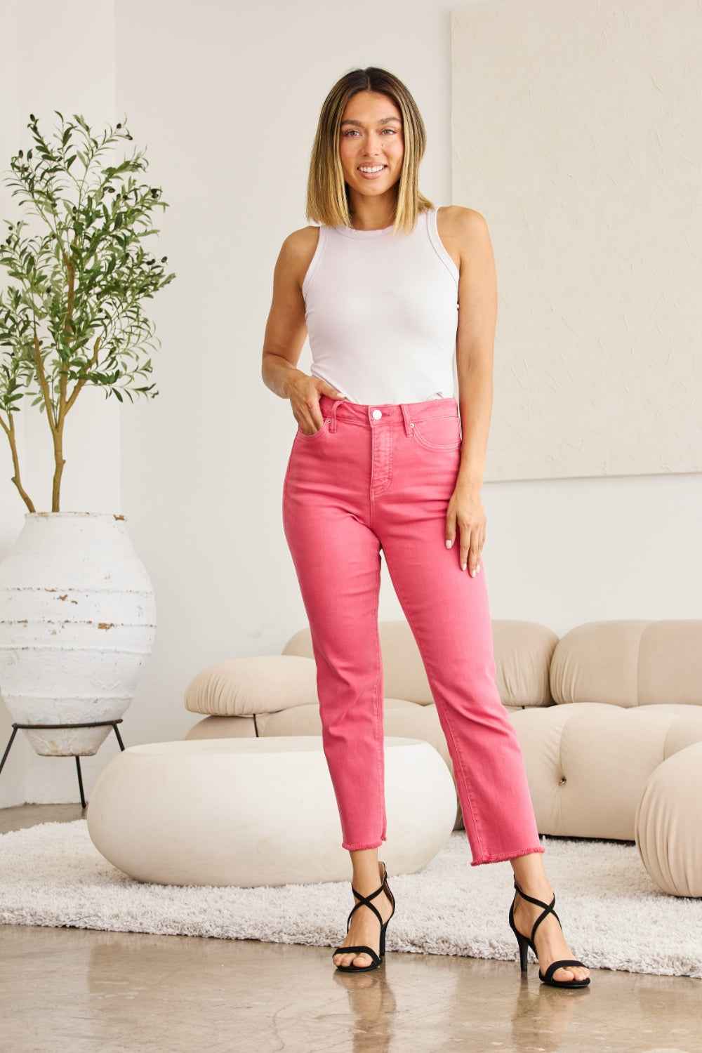 RFM Crop Dylan Full Size High Waist Tummy Control Jeans with Raw Hem Women's Jeans