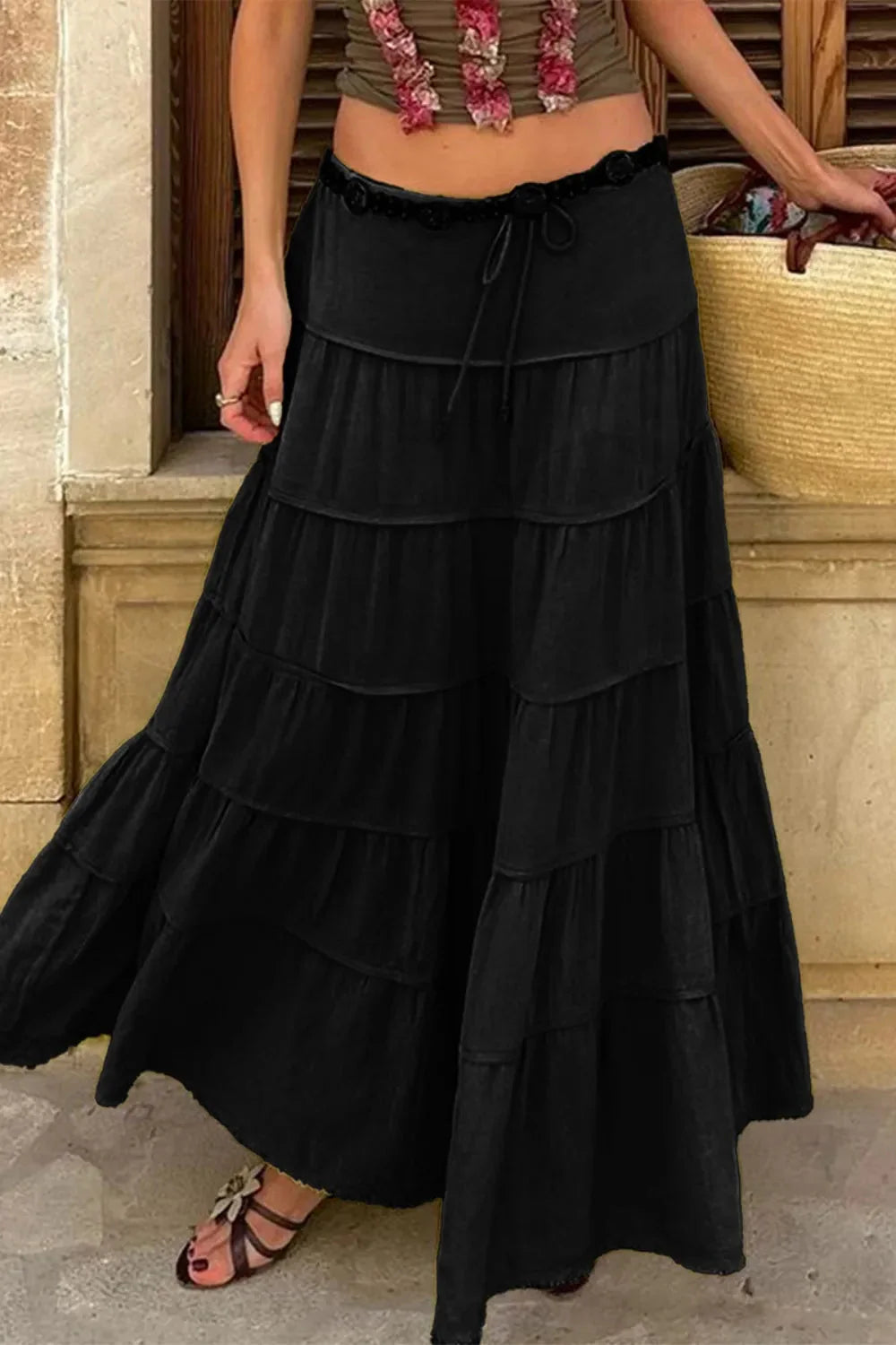 Boho Tiered Maxi Skirt with Drawstring Waist