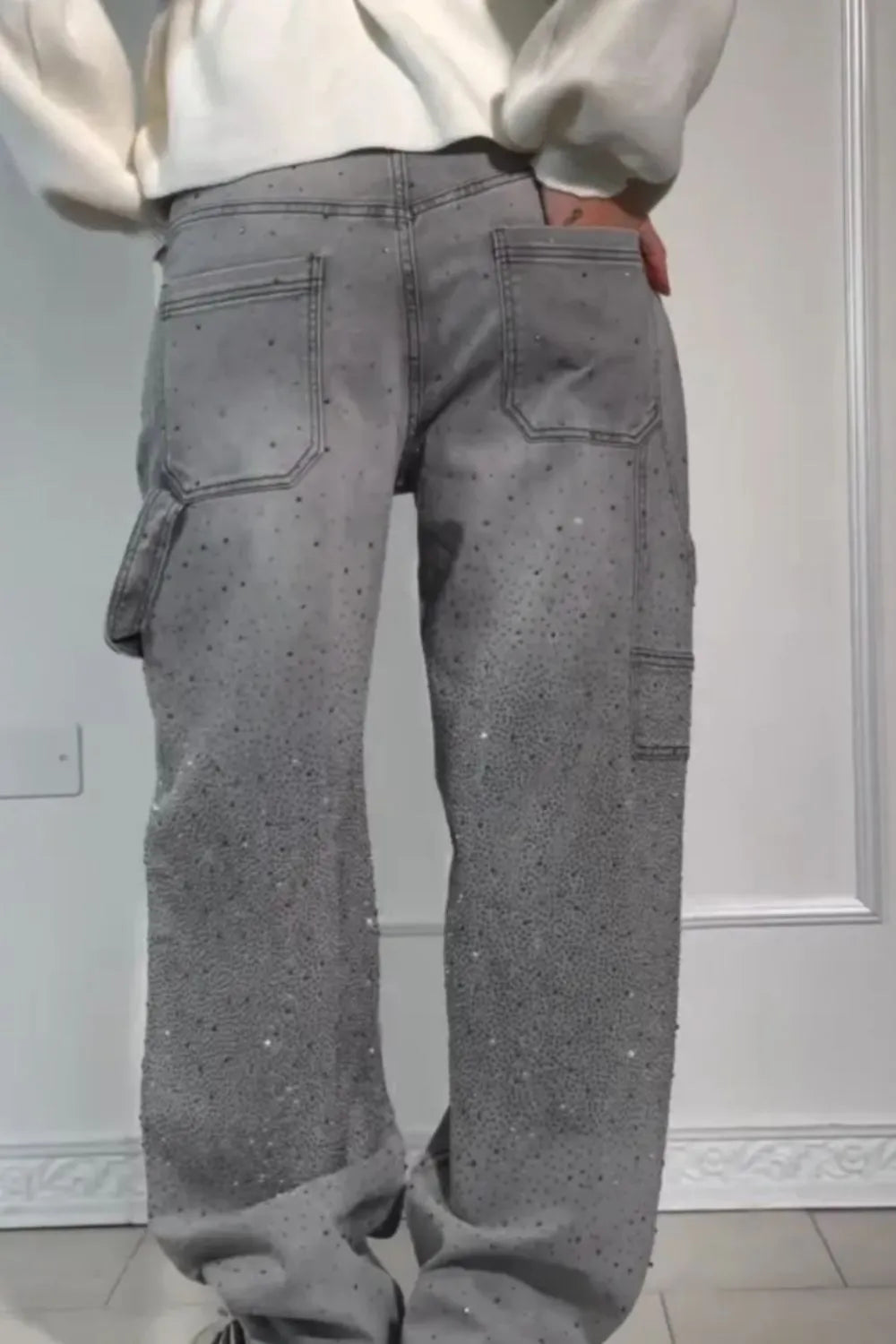Full Size Washed Rhinestone Detail Wide leg Jeans Plus Size