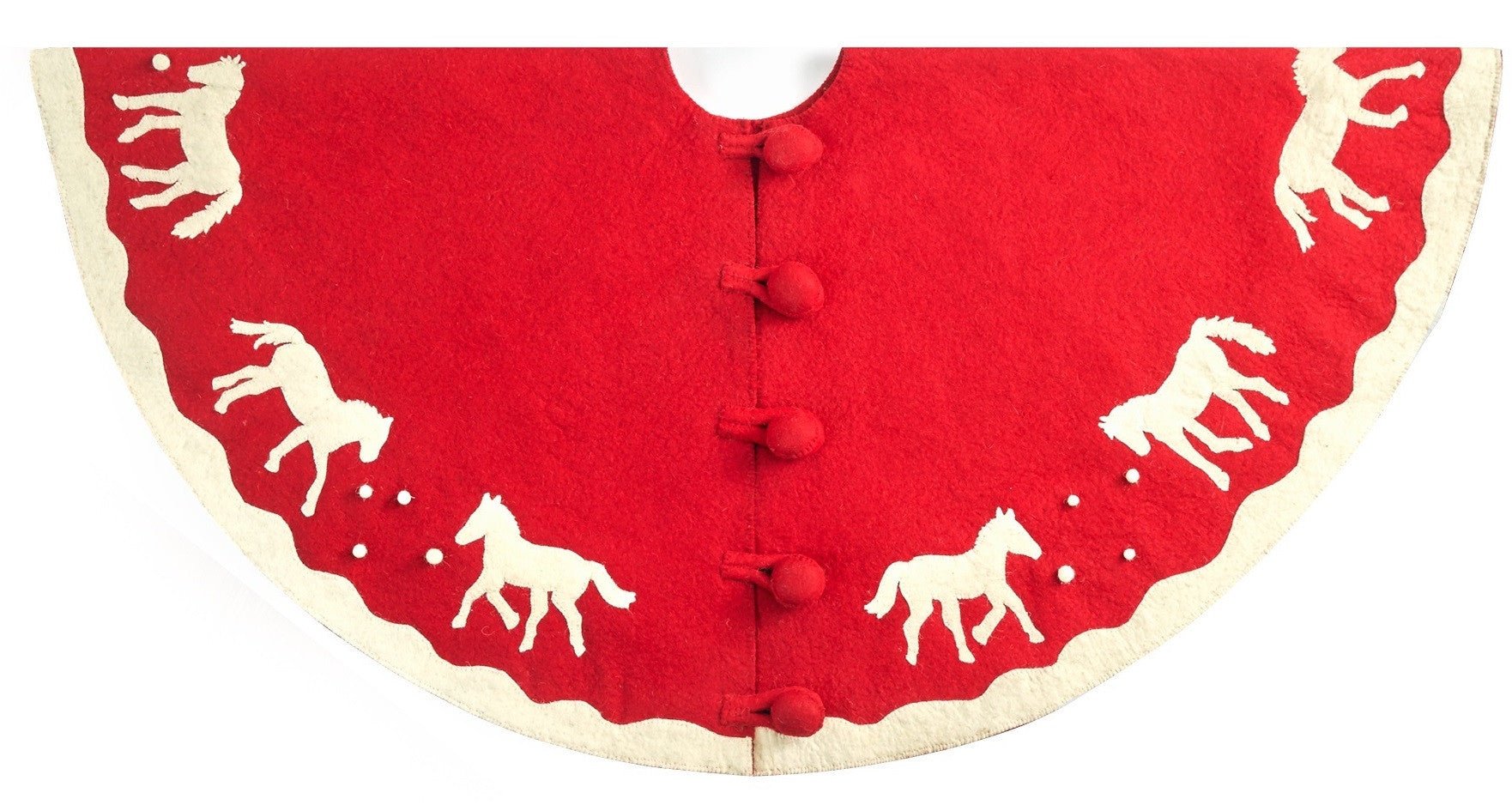 Handmade Galloping Horses Red White Christmas Tree Skirt 60" Arcadia Home
