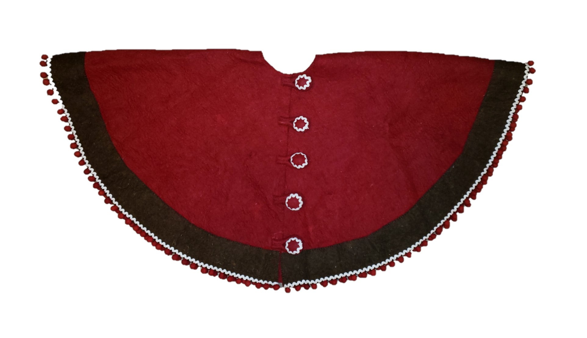 Handmade Wool Felt Red Christmas Tree Skirt with Brown Border and Pom Pom Edge Arcadia Home 60”