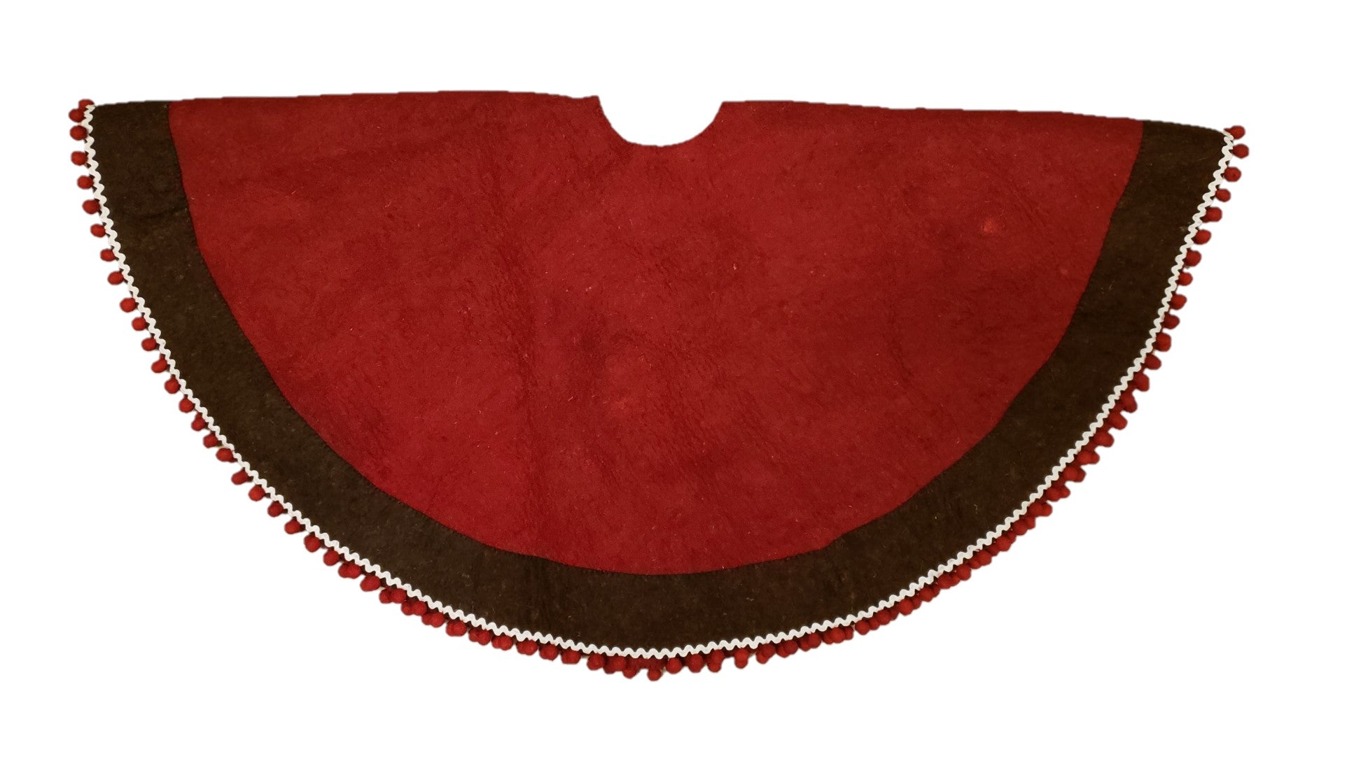 Handmade Wool Felt Red Christmas Tree Skirt with Brown Border and Pom Pom Edge Arcadia Home 60”