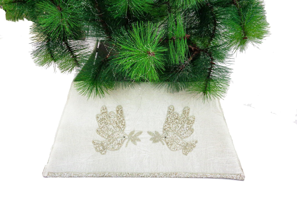 Hand Beaded Adjustable Christmas Tree Collar - Doves White Silk Arcadia Home
