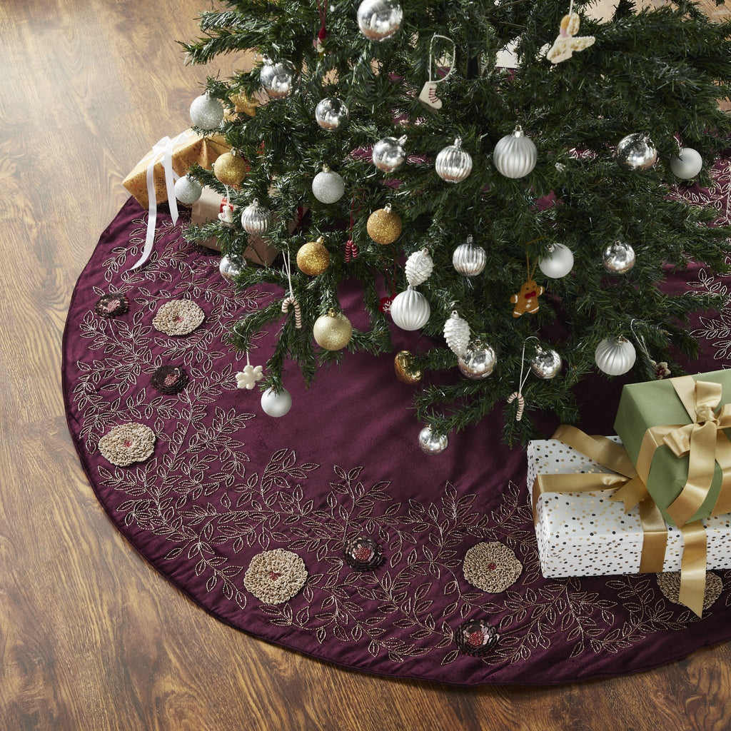 Hand Beaded Velvet Floral WIne Christmas Tree Skirt 60" Arcadia Home