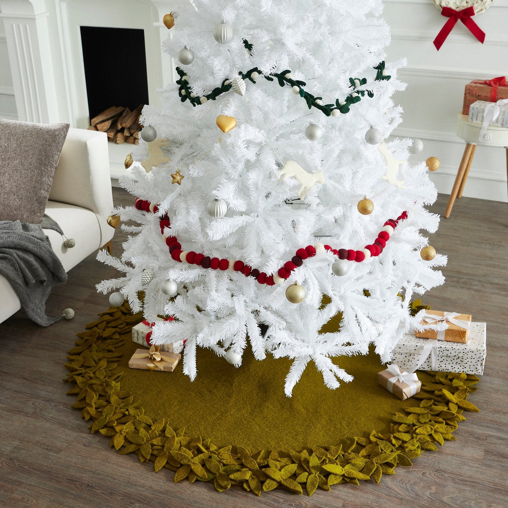 Hand Felted Wool Overlapping Flowers Border Chartreuse XL Christmas Tree Skirt 64" Arcadia Home