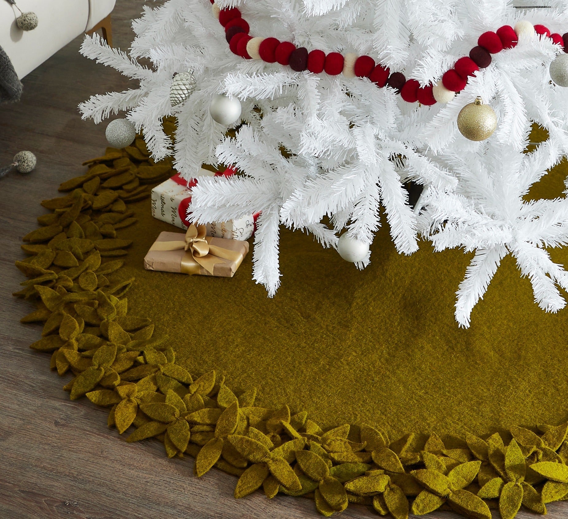 Hand Felted Wool Overlapping Flowers Border Chartreuse XL Christmas Tree Skirt 64" Arcadia Home