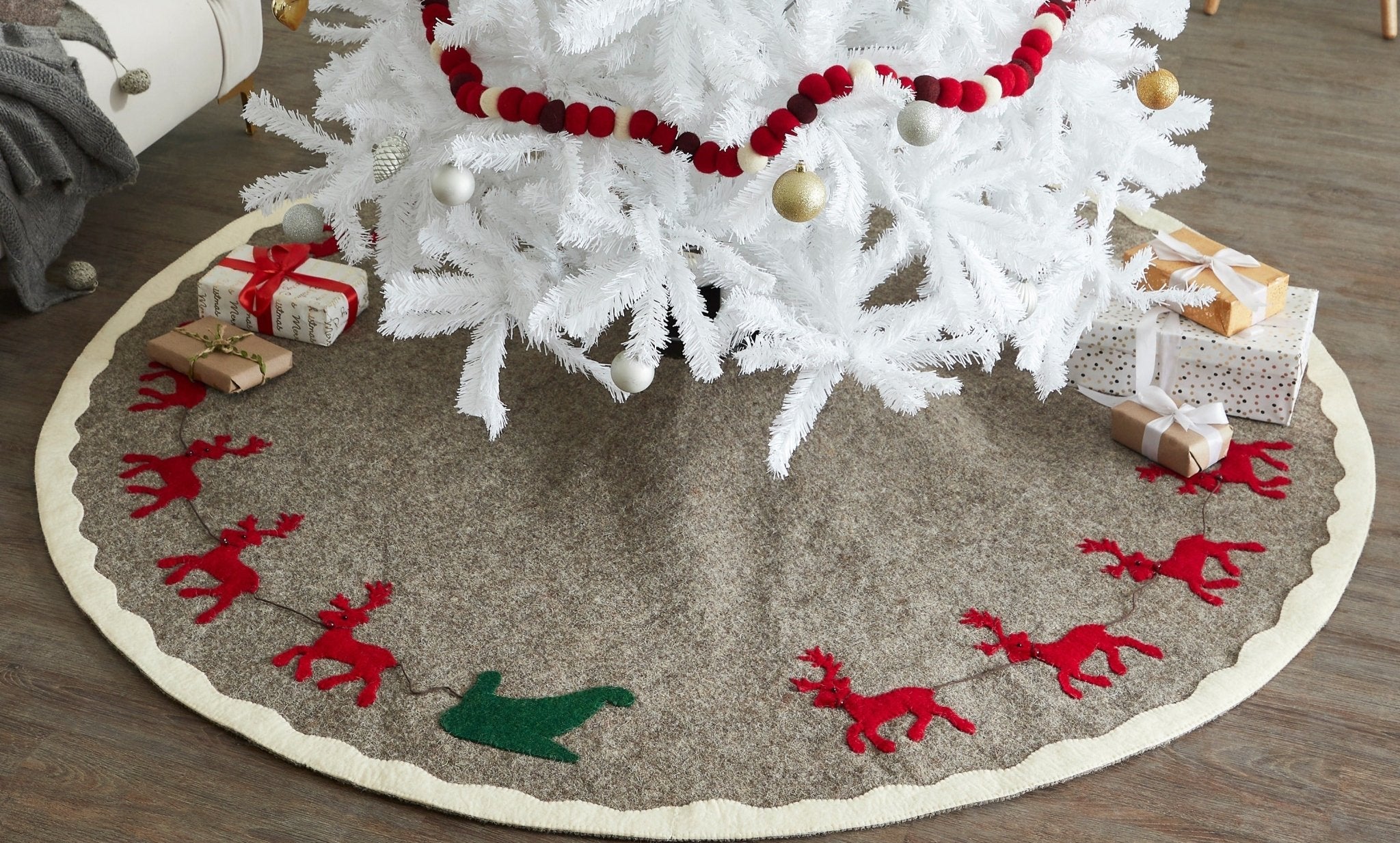 Hand Felted Wool Reindeer and Sleigh Christmas Tree Skirt Arcadia Home