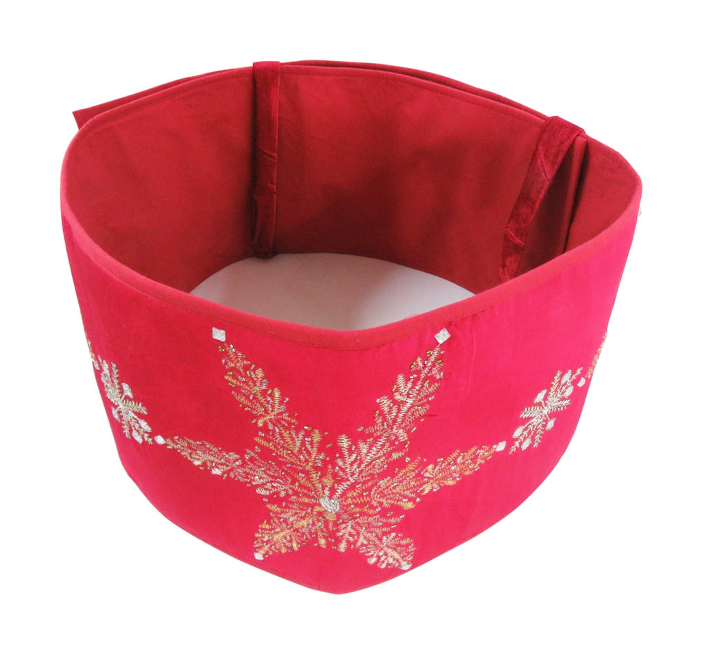 Handmade Adjustable Christmas Tree Collar - Silver Snowflakes Red Velvet Arcadia Home