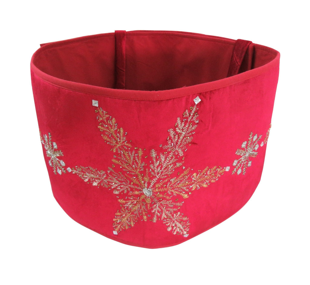 Handmade Adjustable Christmas Tree Collar - Silver Snowflakes Red Velvet Arcadia Home