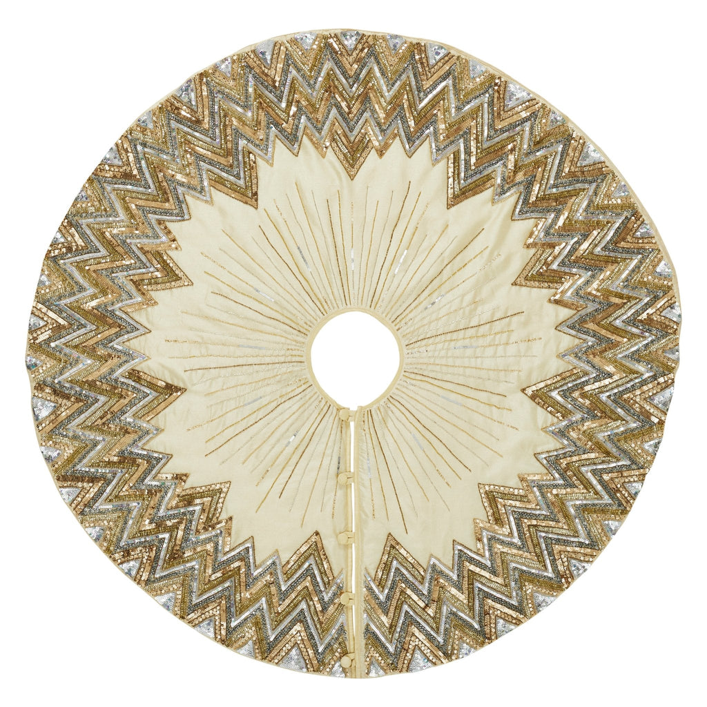 Hand Beaded Metallic Starburst French Vanilla Silk Christmas Tree Skirt 60"/72" Arcadia Home