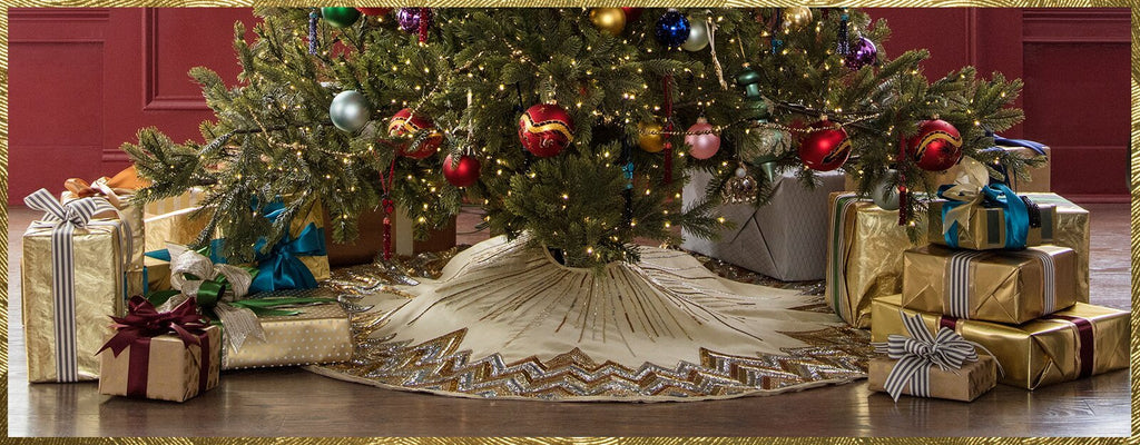 Hand Beaded Metallic Starburst French Vanilla Silk Christmas Tree Skirt 60"/72" Arcadia Home