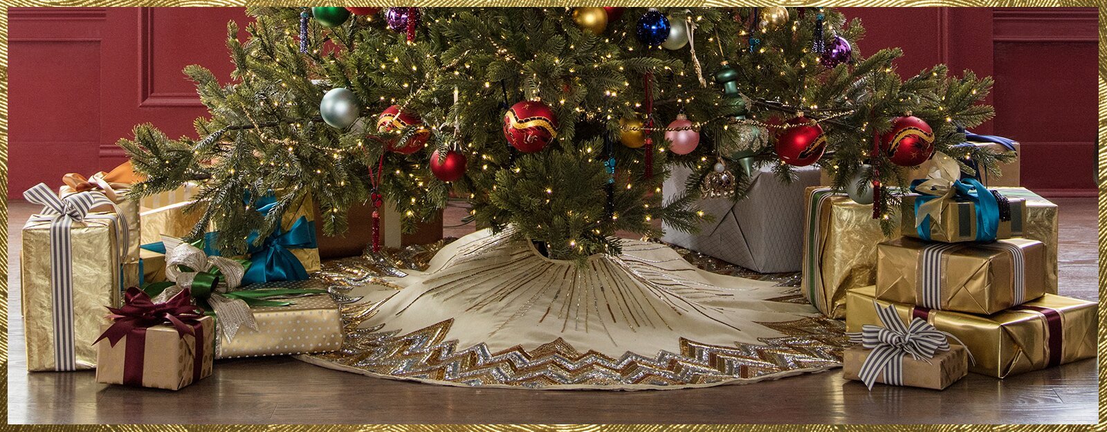 Hand Beaded Metallic Starburst French Vanilla Silk Christmas Tree Skirt 60"/72" Arcadia Home