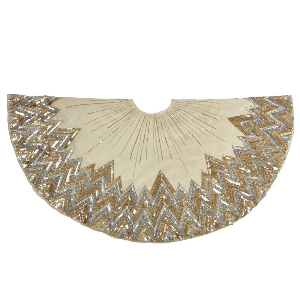 Hand Beaded Metallic Starburst French Vanilla Silk Christmas Tree Skirt 60"/72" Arcadia Home