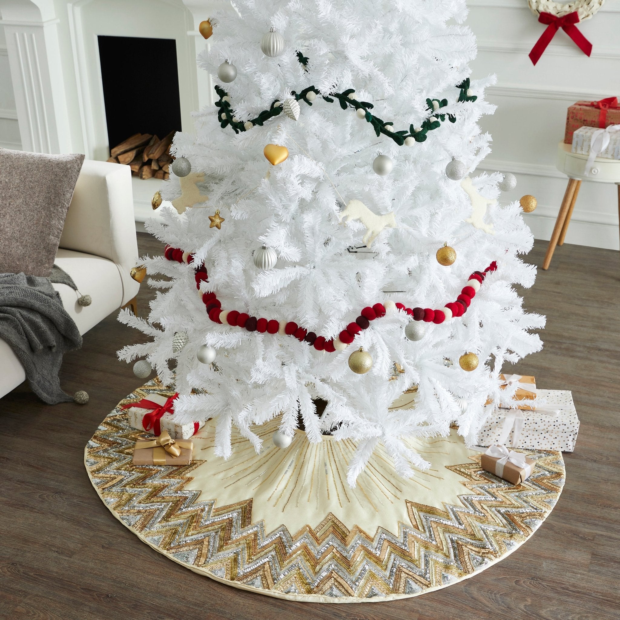 Hand Beaded Metallic Starburst French Vanilla Silk Christmas Tree Skirt 60"/72" Arcadia Home