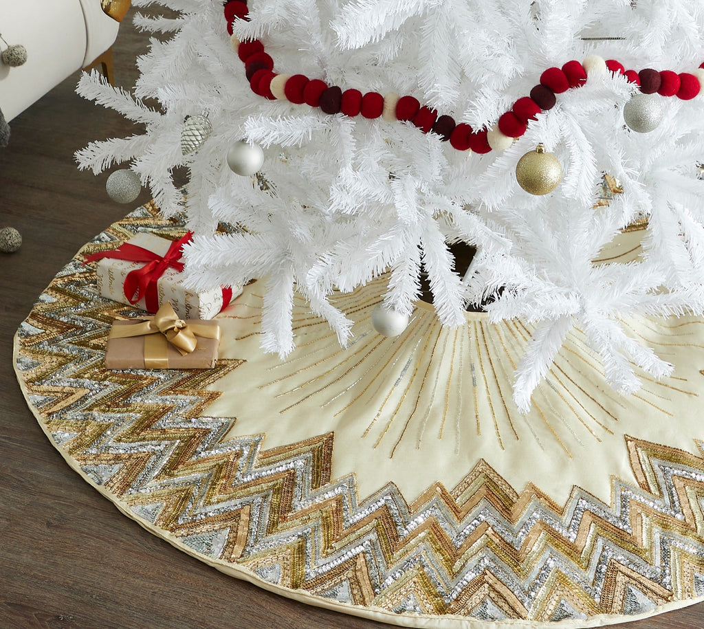Hand Beaded Metallic Starburst French Vanilla Silk Christmas Tree Skirt 60"/72" Arcadia Home