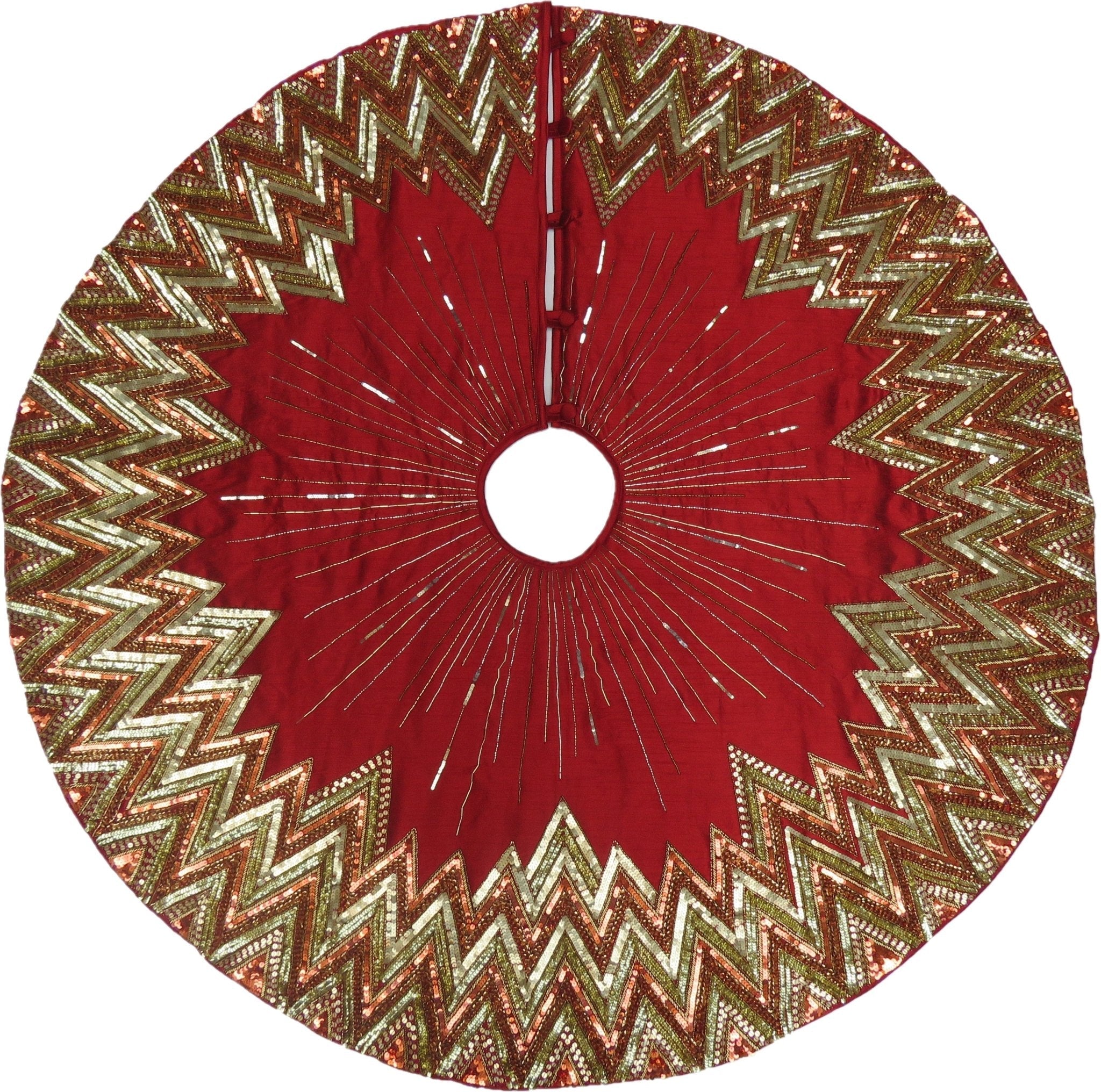 Hand Beaded Metallic Starburst Garnet Red Christmas Tree Skirt 60" Arcadia Home