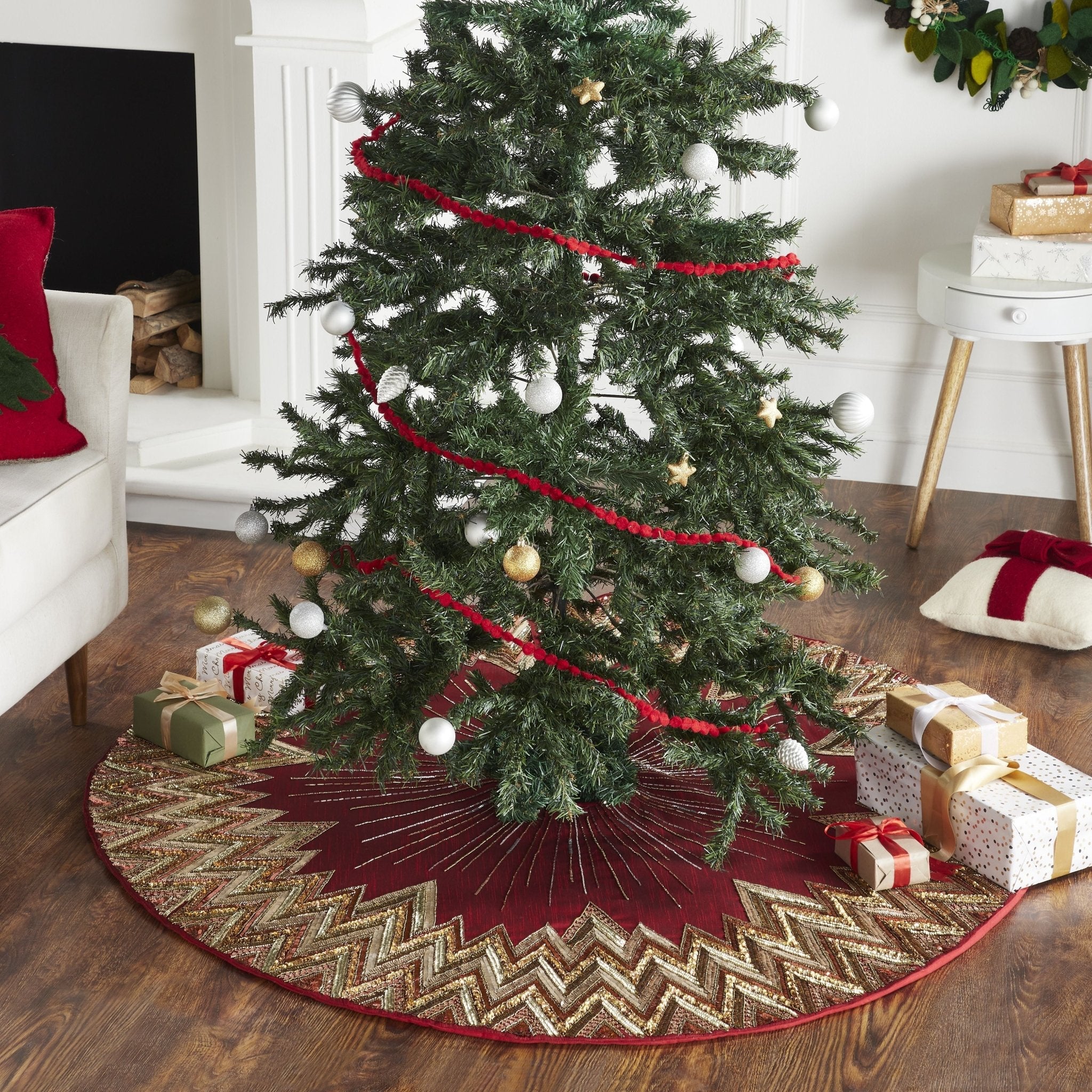 Hand Beaded Metallic Starburst Garnet Red Christmas Tree Skirt 60" Arcadia Home