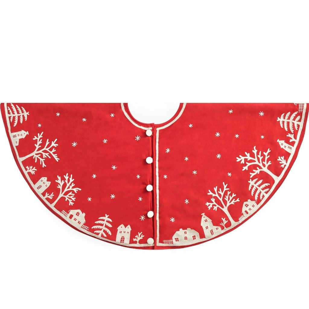 Handmade Christmas Tree Skirt Cotton - Village Scene Red - 60" Arcadia Home