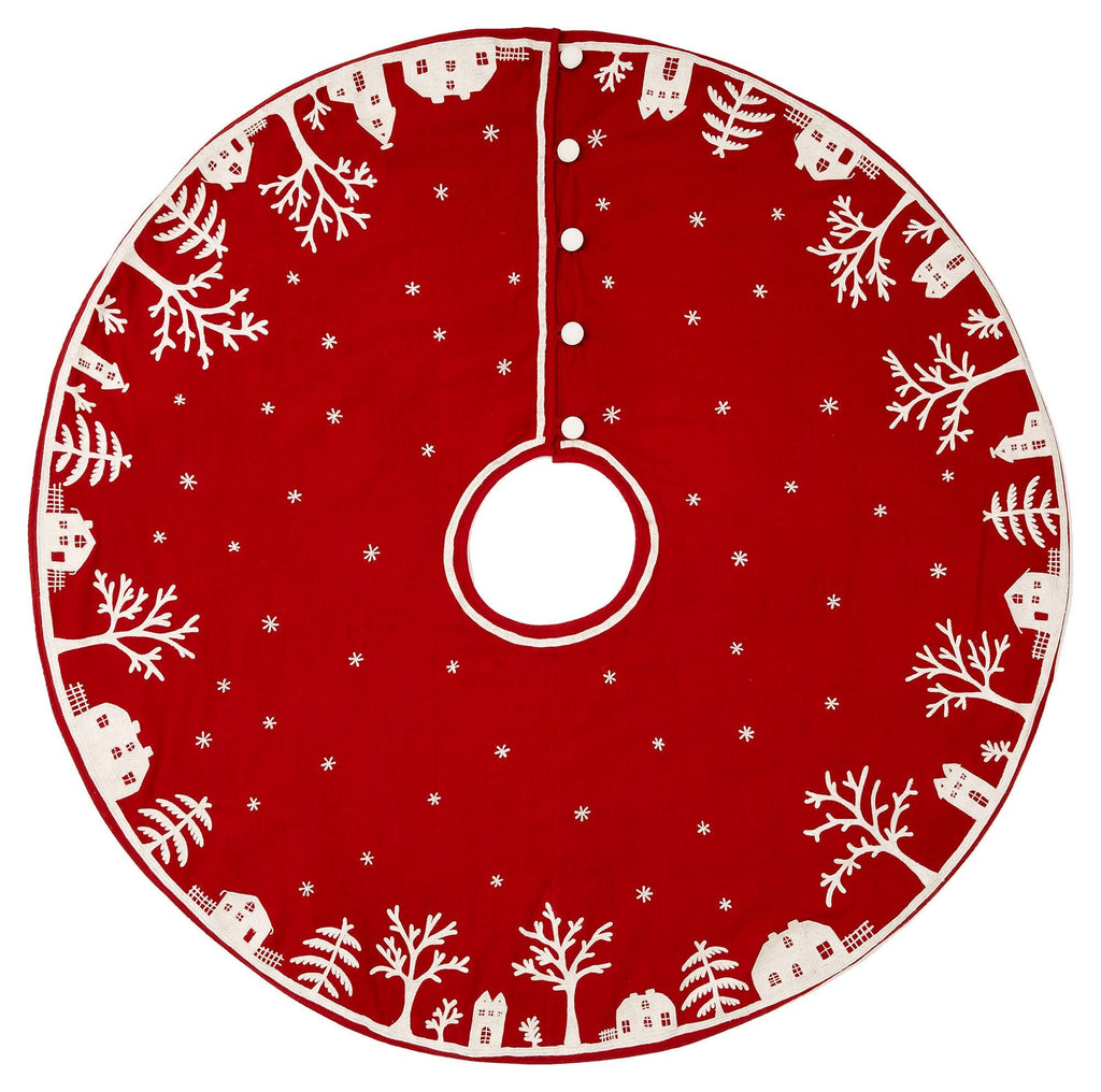 Handmade Christmas Tree Skirt Cotton - Village Scene Red - 60" Arcadia Home