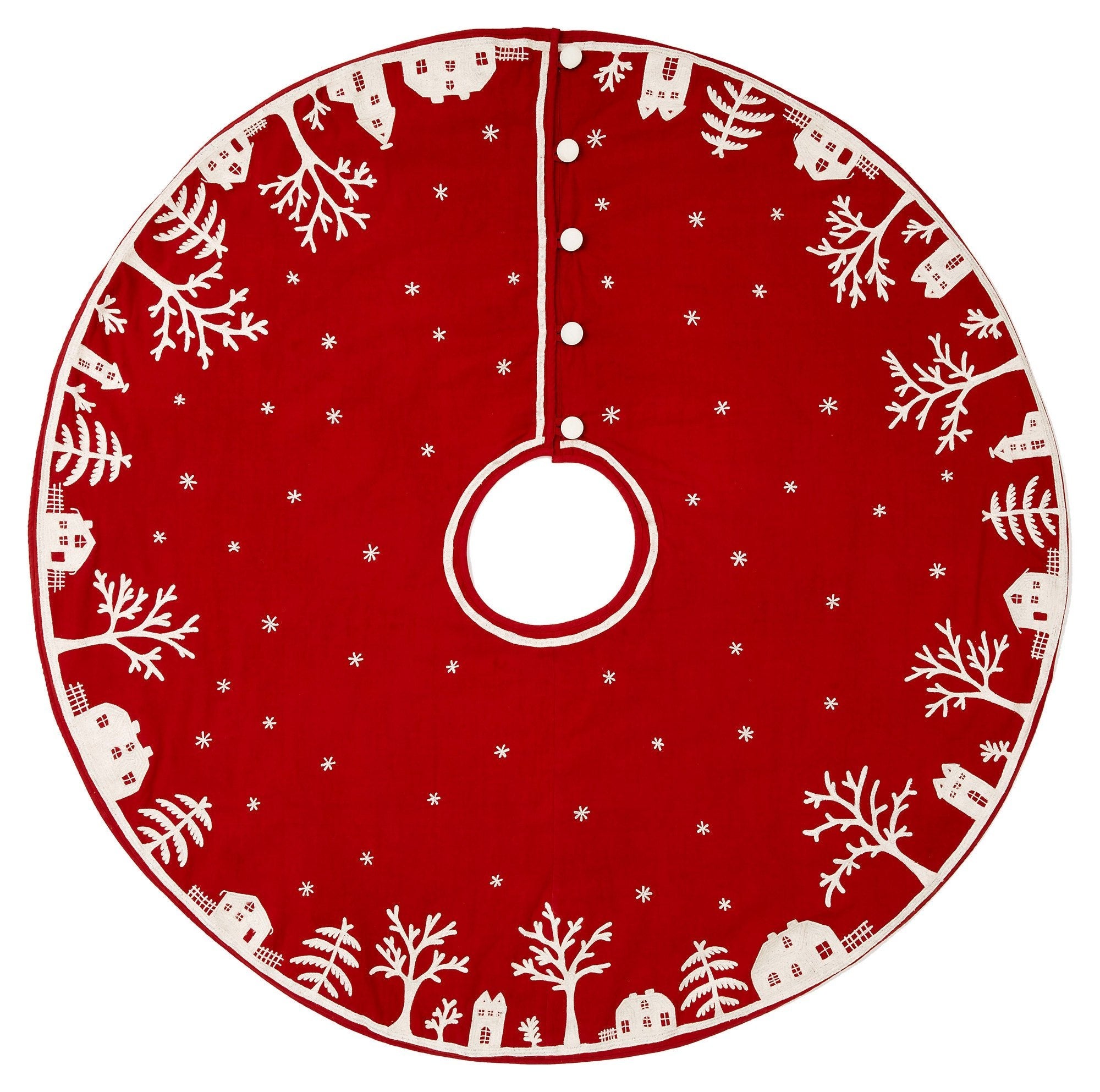 Handmade Christmas Tree Skirt Cotton - Village Scene Red - 60" Arcadia Home