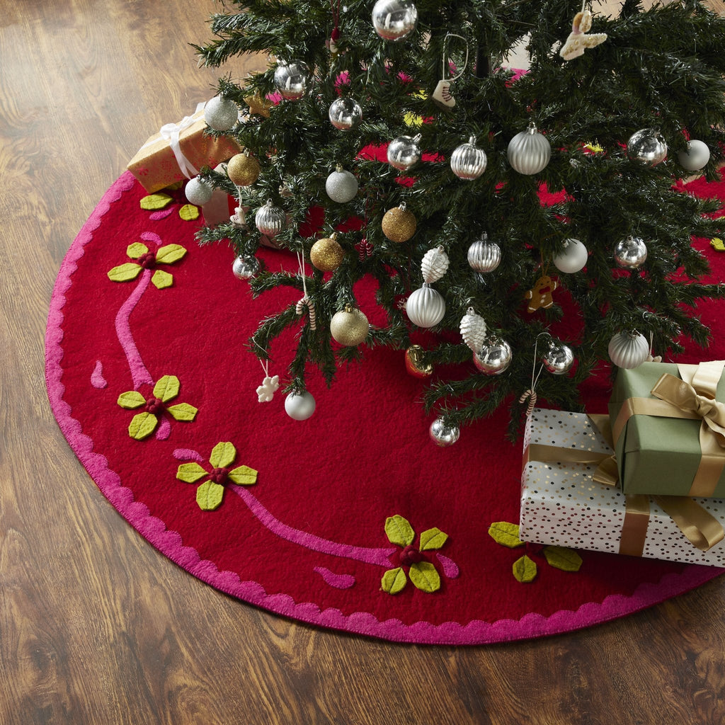 Handmade Christmas Tree Skirt Felt - Berries Red - 60" Arcadia Home