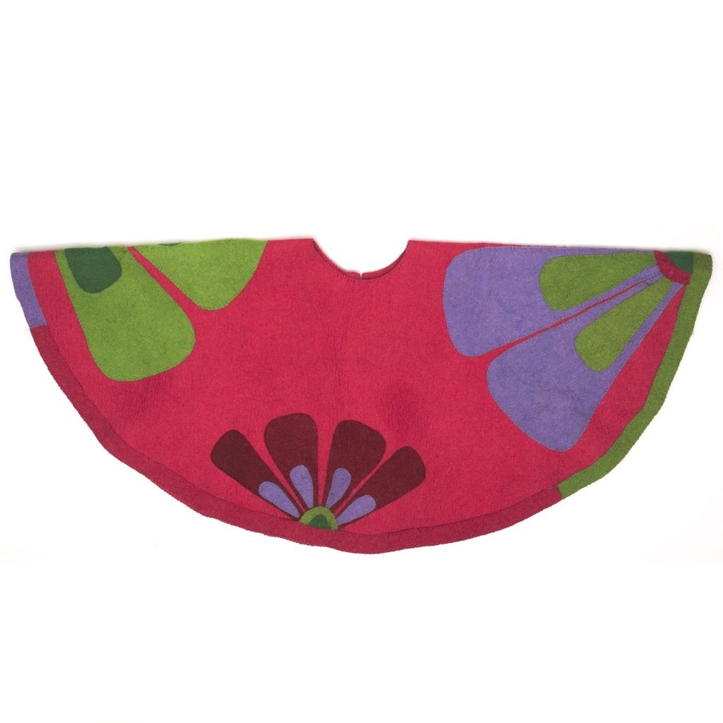 Handmade Retro Flowers Pink Christmas Tree Skirt Felt 60" Arcadia Home