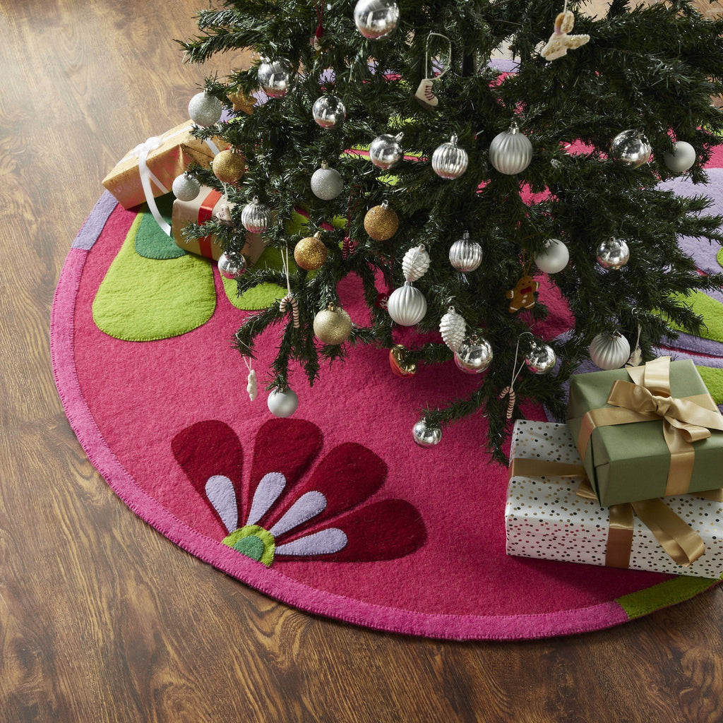 Handmade Retro Flowers Pink Christmas Tree Skirt Felt 60" Arcadia Home