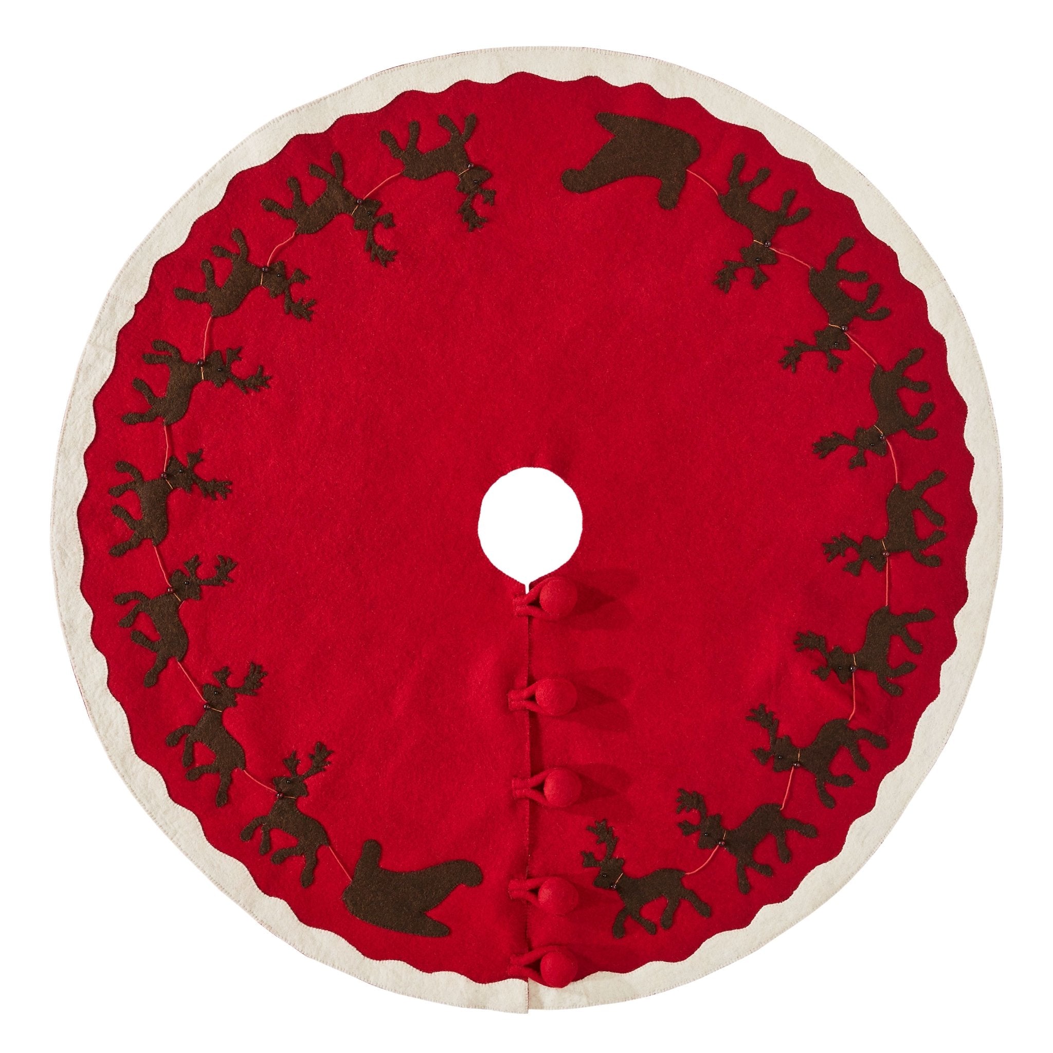 Handmade Felt Sleigh and Reindeer Red Christmas Tree Skirt 60" Arcadia Home