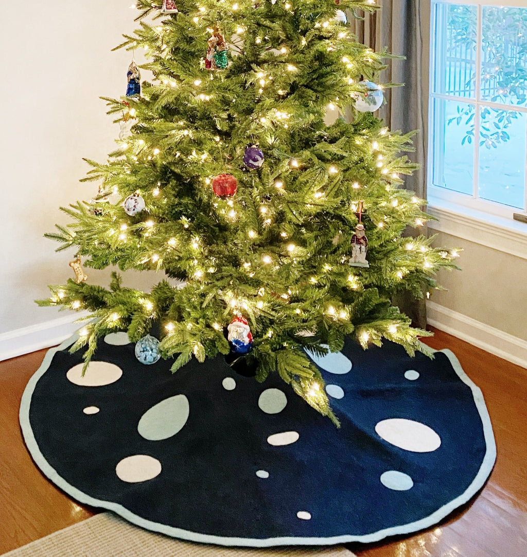 Hand Felted Wool Blue Polka Dots Christmas Tree Skirt 60" Arcadia Home