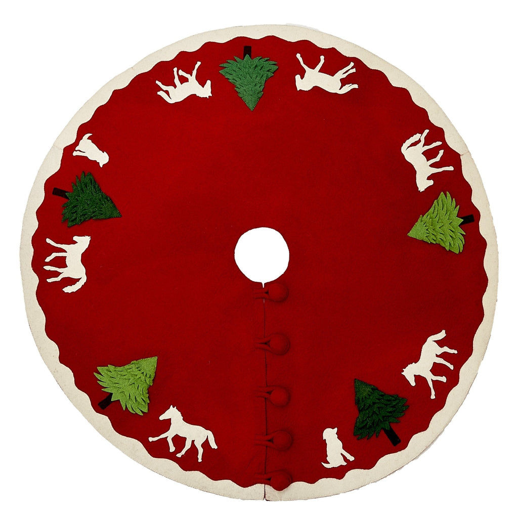 Handmade Dogs and Horses Red Christmas Tree Skirt Hand Felted Wool 60" Arcadia Home