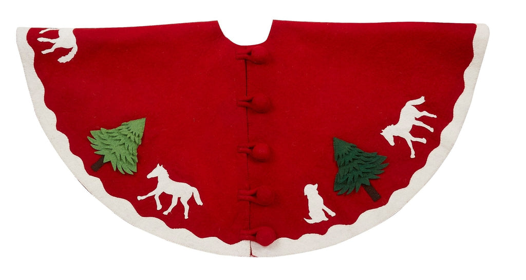 Handmade Dogs and Horses Red Christmas Tree Skirt Hand Felted Wool 60" Arcadia Home