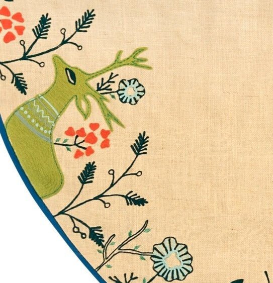 Handmade Embroidered Forest Scene Jute Christmas Tree Skirt Jute 60" Arcadia Home