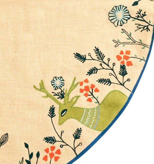 Handmade Embroidered Forest Scene Jute Christmas Tree Skirt Jute 60" Arcadia Home