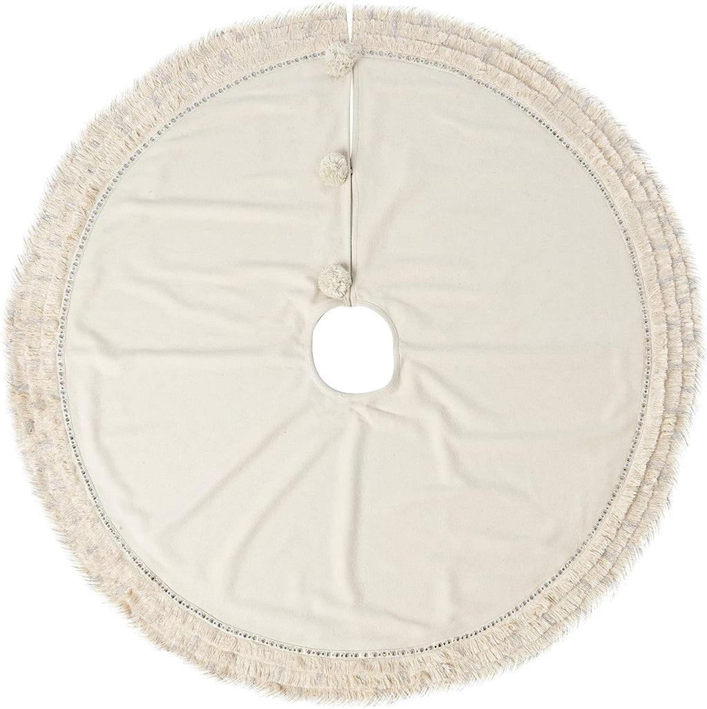 Handmade Cream Fringe Border Christmas Tree Skirt Wool 60" Arcadia Home