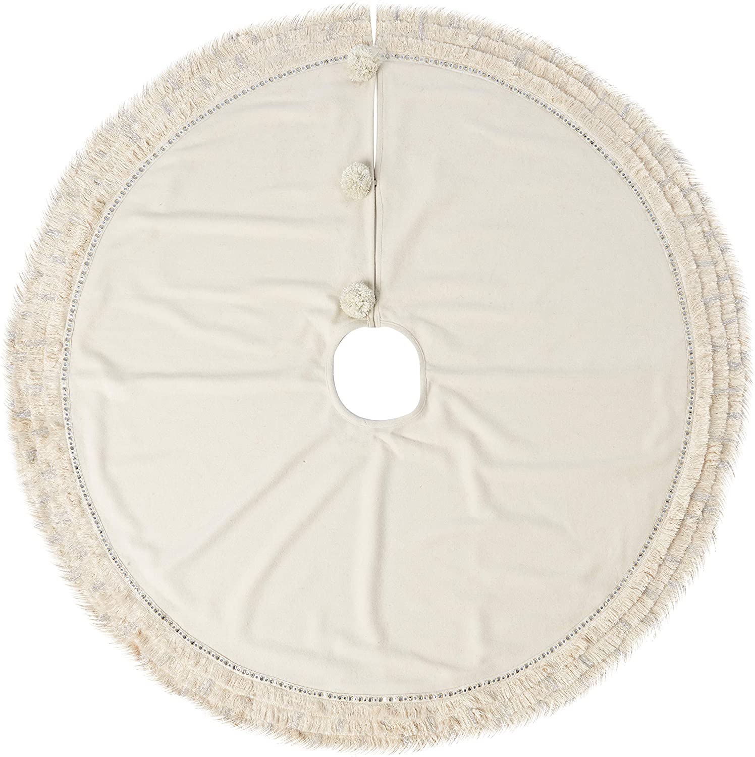 Handmade Cream Fringe Border Christmas Tree Skirt Wool 60" Arcadia Home