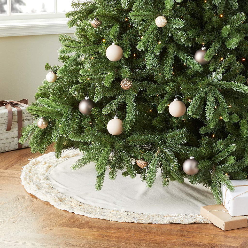 Handmade Cream Fringe Border Christmas Tree Skirt Wool 60" Arcadia Home