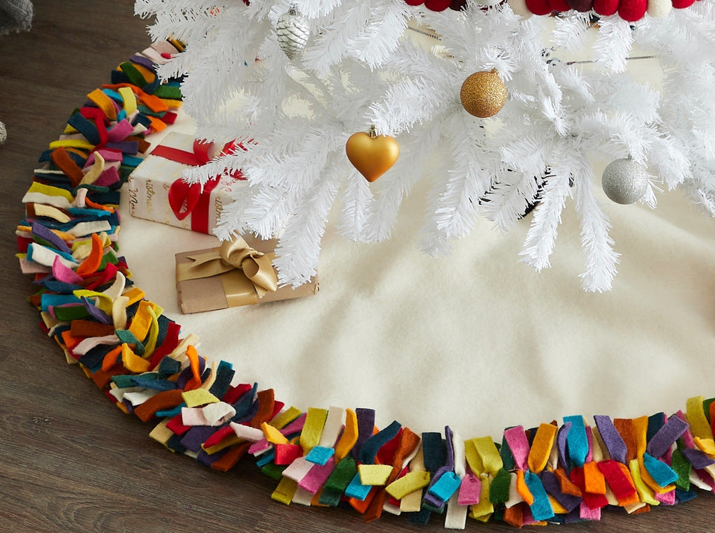 Handmade Felt Multicolor Fringe Border Cream Christmas Tree Skirt Arcadia Home