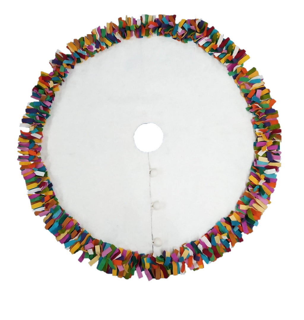 Handmade Felt Multicolor Fringe Border Cream Christmas Tree Skirt Arcadia Home