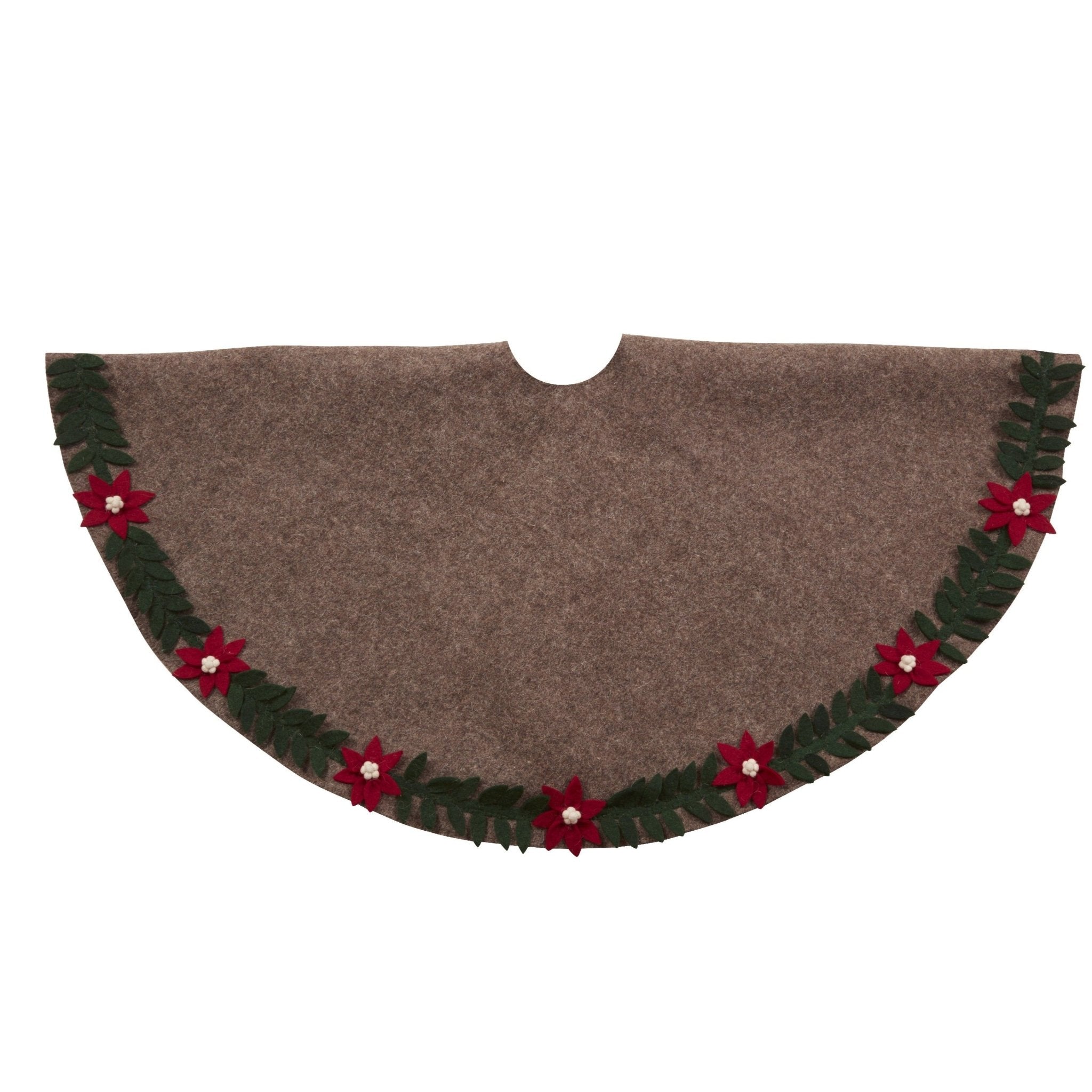 Handmade Felt Poinsettia Border Gray Christmas Tree Skirt 60" Arcadia Home