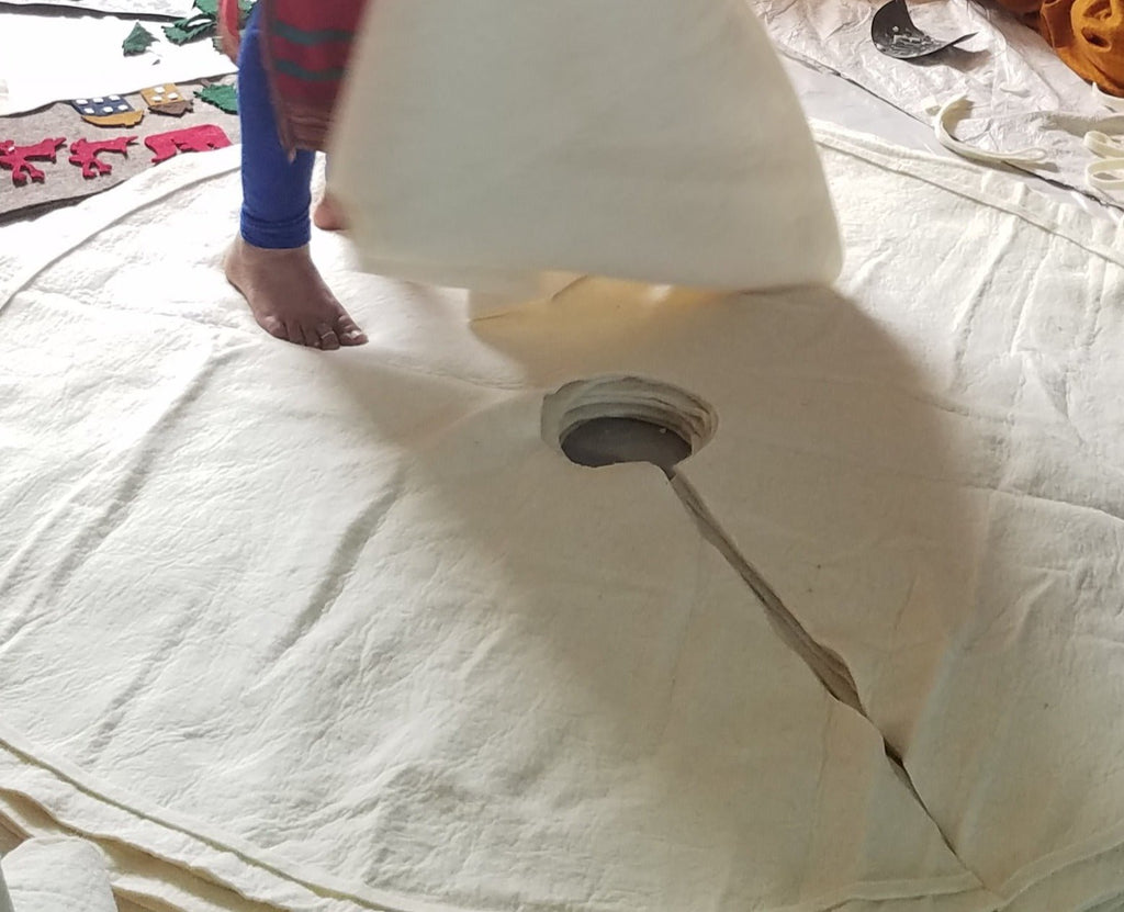 Handmade Felt Multicolor Fringe Border Cream Christmas Tree Skirt Arcadia Home