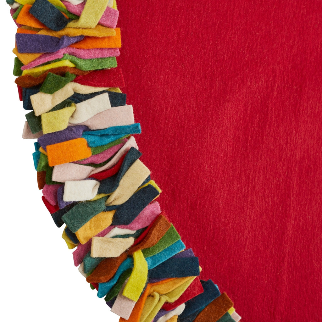 Handmade Felt Multicolor Fringe Border Red Wool Christmas Tree Skirt Arcadia Home