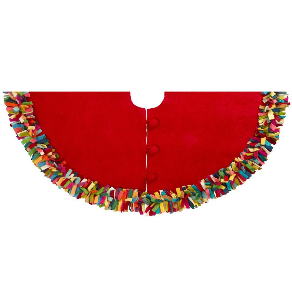 Handmade Felt Multicolor Fringe Border Red Wool Christmas Tree Skirt Arcadia Home