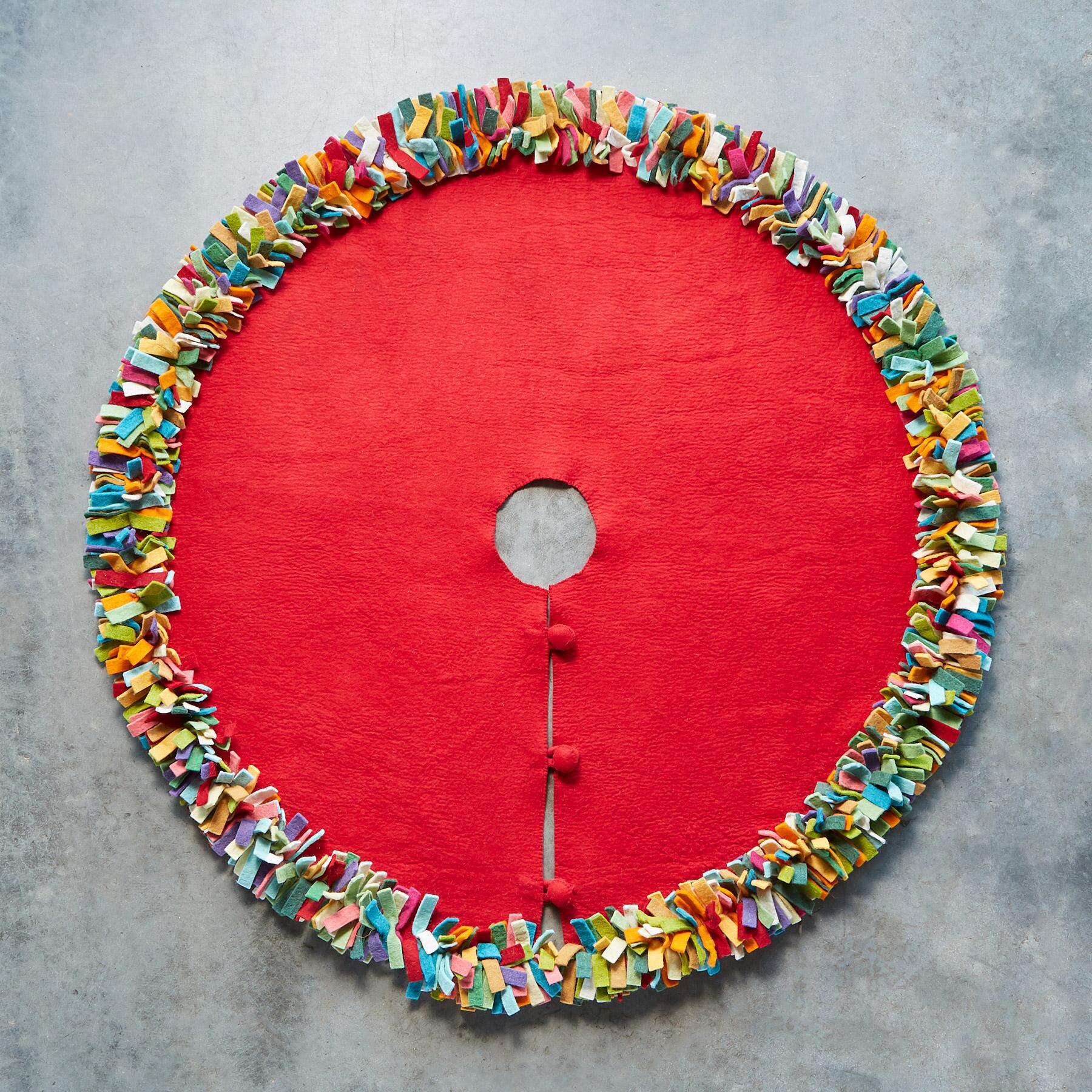 Handmade Felt Multicolor Fringe Border Red Wool Christmas Tree Skirt Arcadia Home