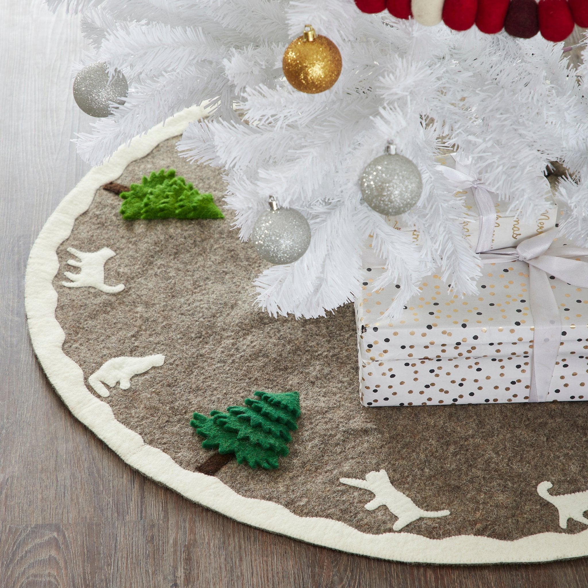 Handmade Felted Cats and Green Trees Grey Christmas Tree Skirt 36",  Arcadia Home
