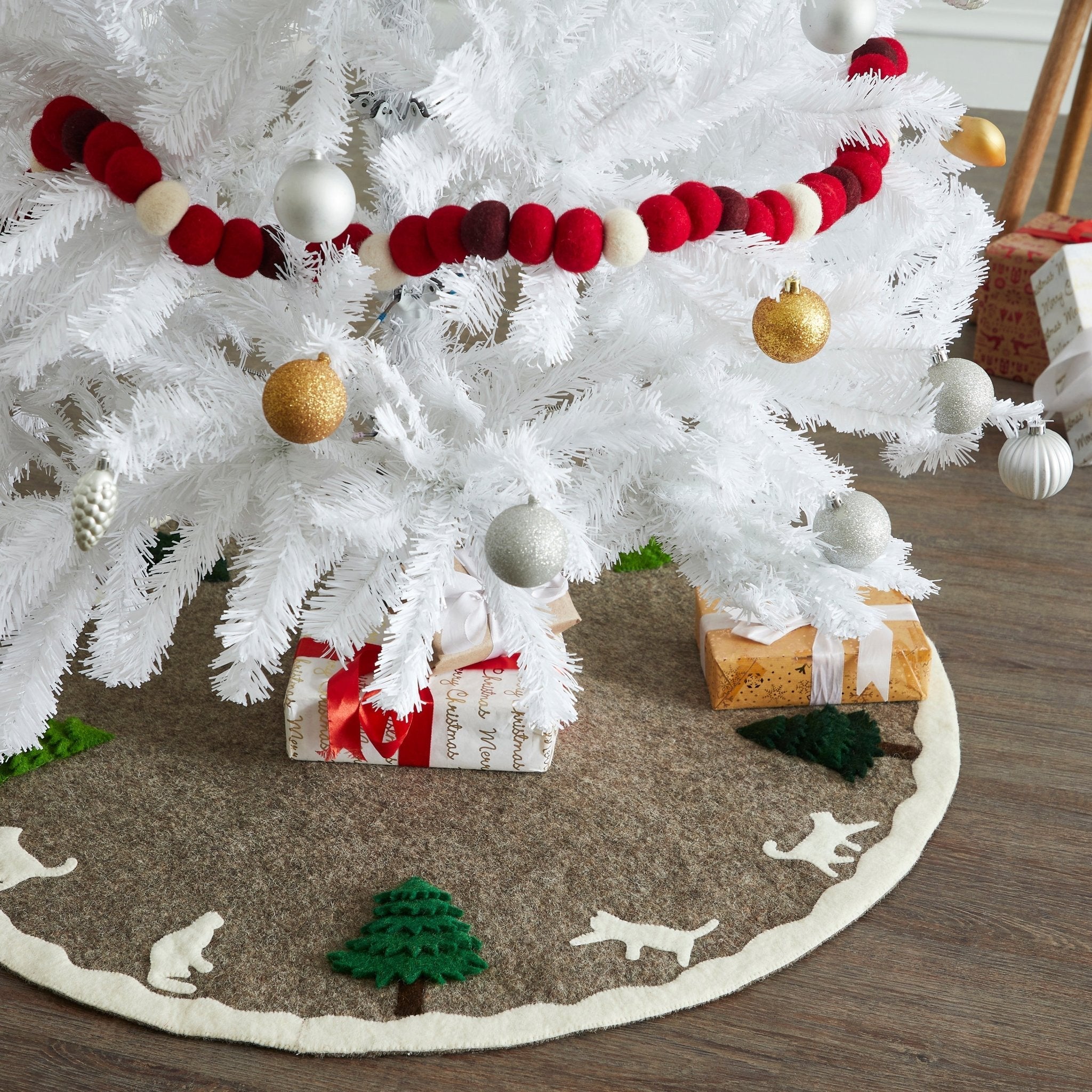 Handmade Felted Cats and Green Trees Grey Christmas Tree Skirt 36",  Arcadia Home