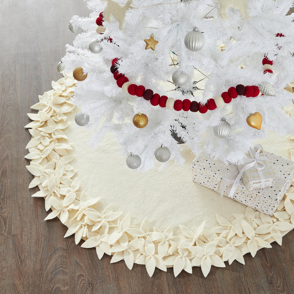 Handmade Felted Wool Overlapping Flowers Border Cream Christmas Tree Skirt 26"/48"/64"/72" Arcadia Home