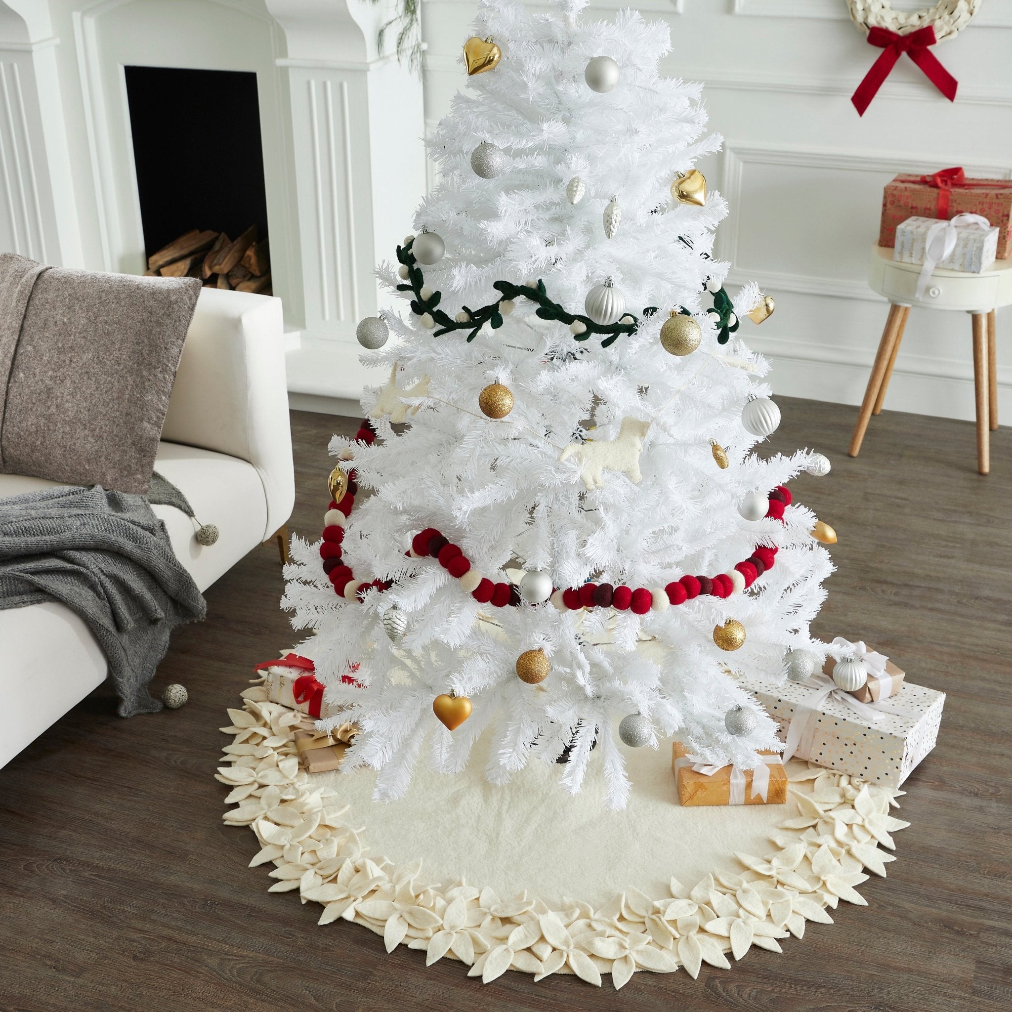 Handmade Felted Wool Overlapping Flowers Border Cream Christmas Tree Skirt 26"/48"/64"/72" Arcadia Home