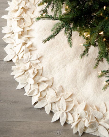 Handmade Felted Wool Overlapping Flowers Border Cream Christmas Tree Skirt 26"/48"/64"/72" Arcadia Home