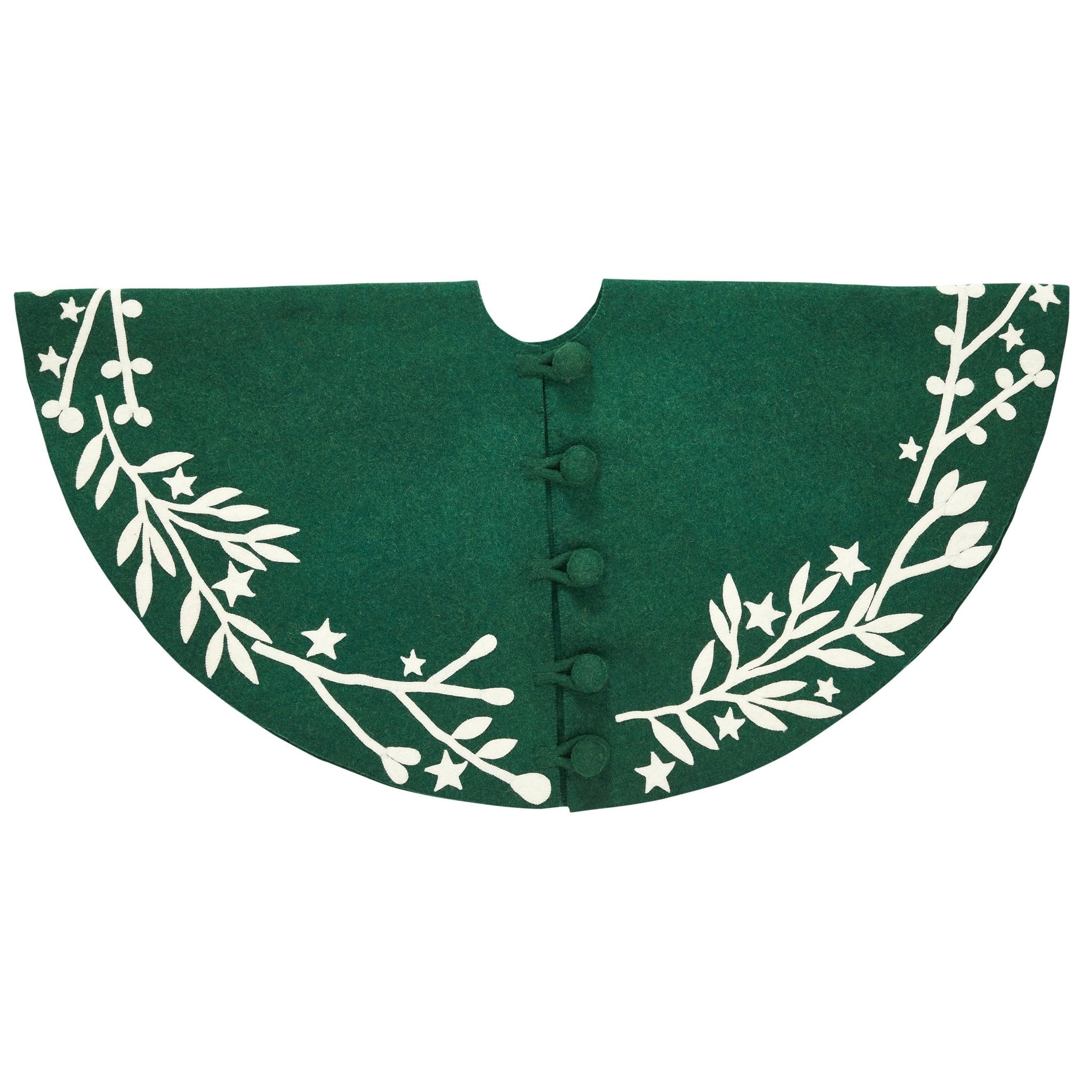 Handmade Felt Cream Branches and Stars Green Christmas Tree Skirt 60" Arcadia Home