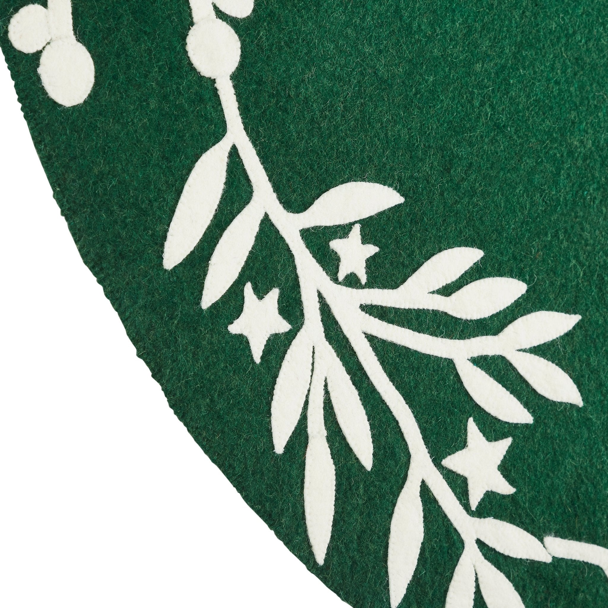 Handmade Felt Cream Branches and Stars Green Christmas Tree Skirt 60" Arcadia Home